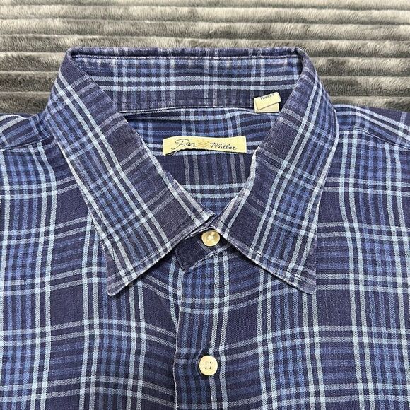 Peter Millar Blue Plaid Button-Up Linen Shirt Men’s Size L - Picture 2 of 9